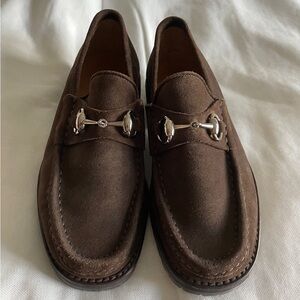 New Auth Gucci Brown Suede Chunky Slip on Loafers w Silver Horsebit Sz 6-6.5